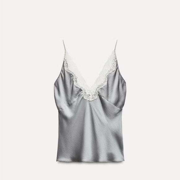 ZARA | ZW Collection Satin Effect Gray Camisole with Cream Lace Top - Picture 11 of 15